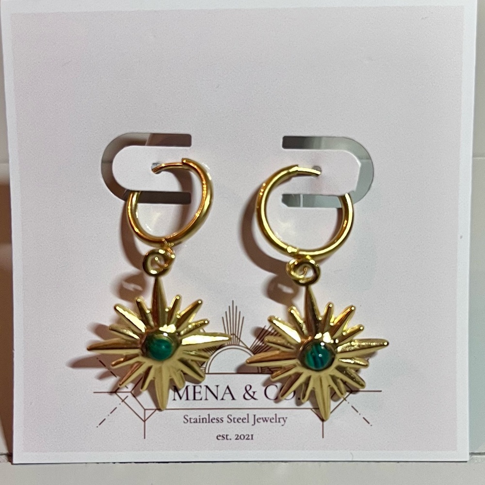 Stainless Steel Gold Sunburst Earrings with Green Emerald Accent Color